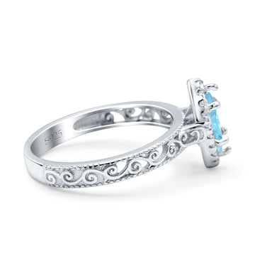 Halo Art Deco Bridal Wedding Engagement Ring Marquise Simulated Aquamarine CZ 925 Sterling Silver